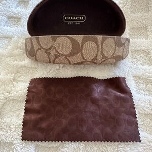 Coach Beige Brown Signature Sunglasses Case with Brown Cleaning Cloth